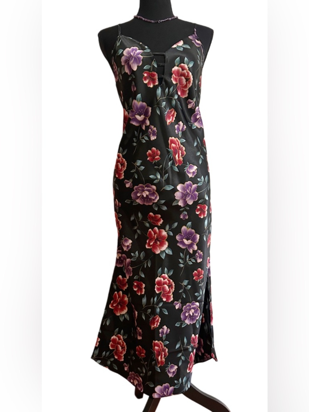 Black Floral Satin Slip Dress with Pink & Purple Blooms